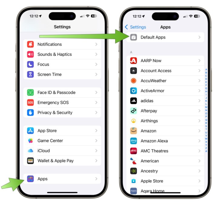 Screenshot showing how to change default apps on iOS 18.2.