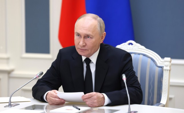 Russian President Vladimir Putin, leads a strategic nuclear deterrence force exercise to train officials on operating nuclear weapons with practice launches of ballistic and cruise missiles from the Situation Room of the Kremlin, October 29, 2024 in Moscow, Russia. 