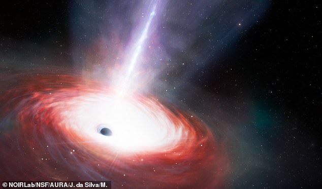 As black holes gather matter into an accretion disk, some of this is accelerated and shot out into space in the form of a vast beam of plasma and radiation (artist's impression)