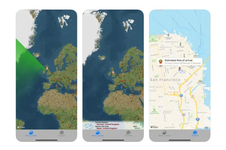 Screenshots of the Where is Santa Lite app on iPhone, showing the map with Santa's location.