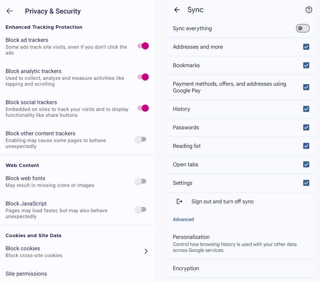 privacy options in firefox focus and chrome android browsers