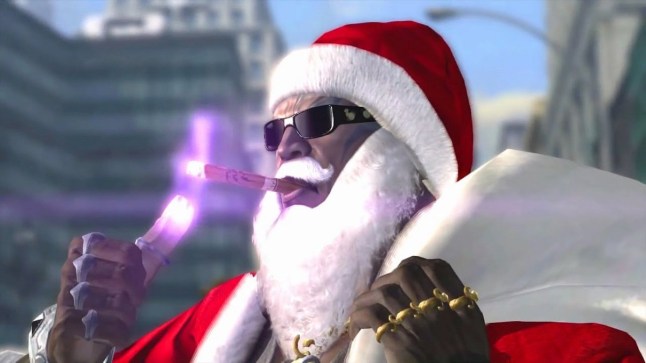 Bayonetta 2 Rodin dressed as Father Christmas lighting a cigar with a purple flame