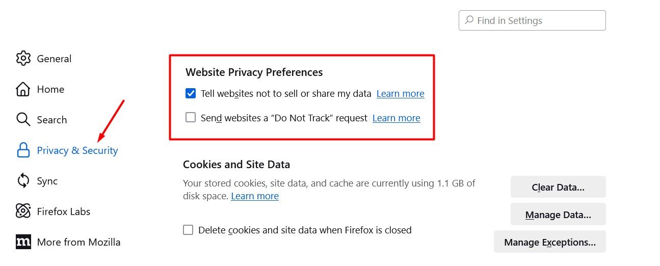 Website Privacy Preferences section in Firefox.