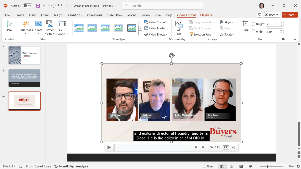 a powerpoint 2024 slideshow with embedded video with captions