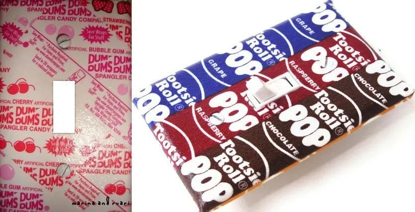 Colorful packaging of candy and snacks with a variety of branding elements.