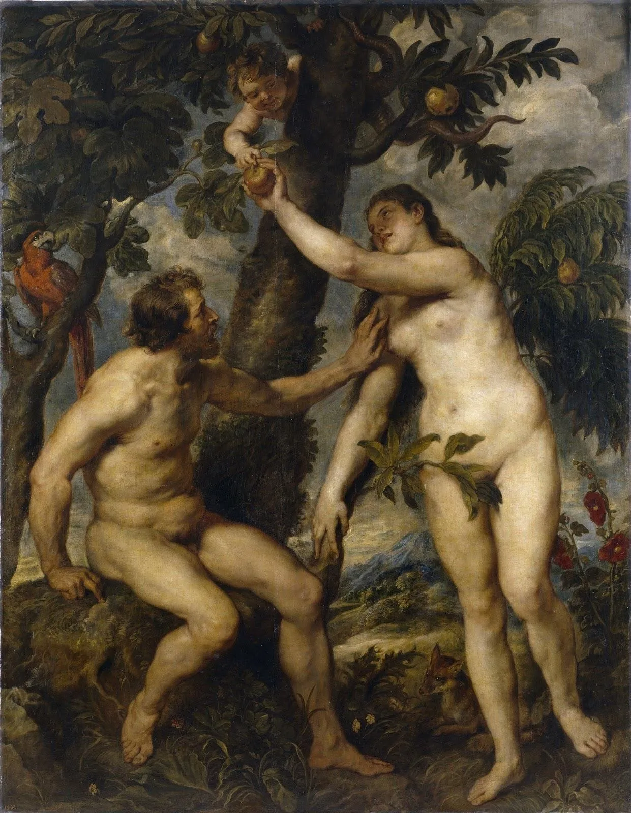 Adam and Eve in a lush garden, reaching for fruit from a tree.