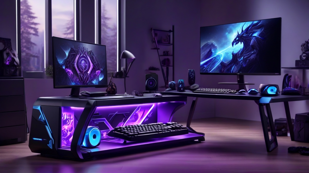 HYTE og Metaphor: ReFantazio – Den magiske PC-kasse og gamer-gear du ikke vidste du manglede To computerskærme med fantasy-spilbilleder på et skrivebord i et værelse med lilla LED-lys og gamingudstyr.