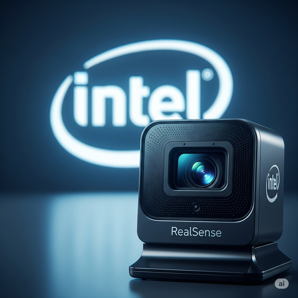 Intel udskiller RealSense og skaber nyt selskab for dybdekameraer Intel RealSense-kamera på bord med sløret Intel-logo i baggrunden, blåt lys reflekteres.