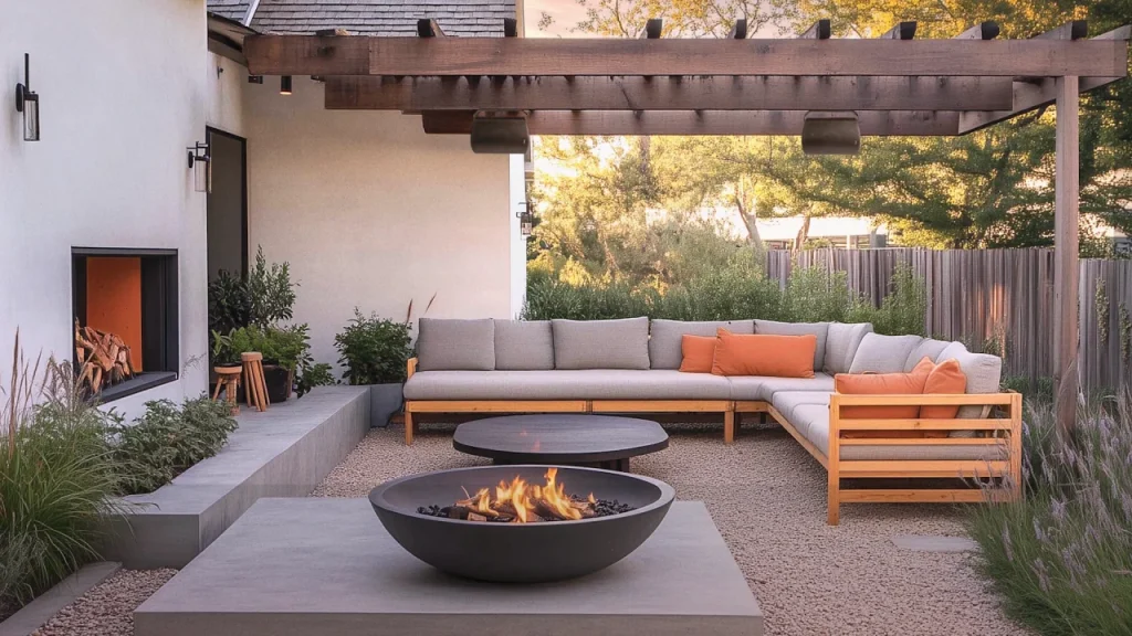 Udendørs terrasse med pergola, grå L-formet sofa, orange puder, ildsted, runde borde og omkringliggende planter.