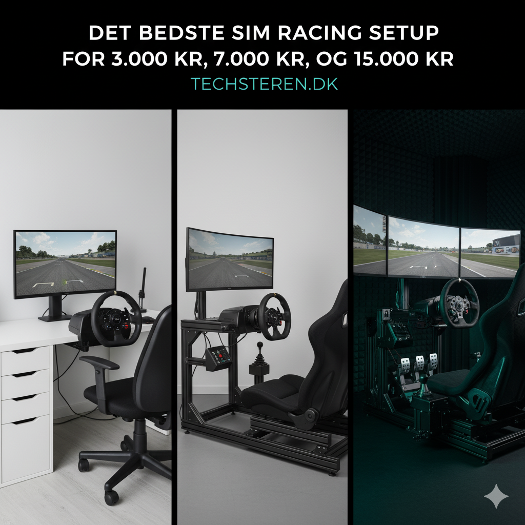 Det bedste sim racing setup for 3.000, 7.000 og 15.000 kr Tre sim racing setups vises fra basis til avanceret, hver med skærm, rat og stol i et rum med forskellige belysninger.