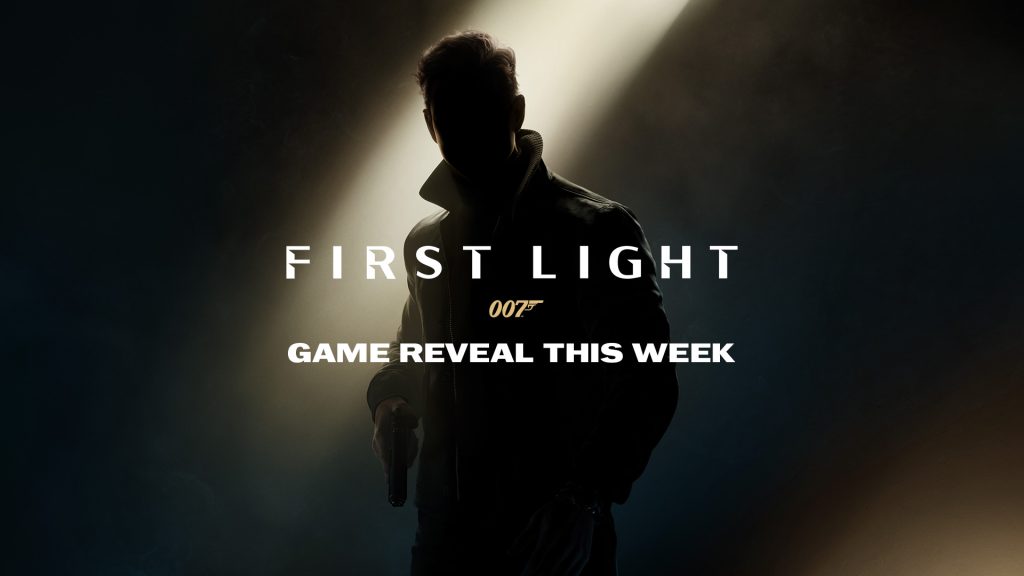 Sony State of Play vender tilbage denne uge: Nyt kig på 007 First Light Silhuet af person med pistol i spotlight mod mørk baggrund. Tekst: First Light, 007, Game Reveal This Week.