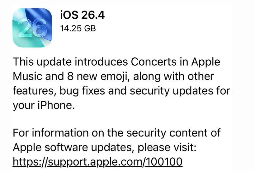 iOS 26.4 14.25GB iPhone