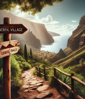 A serene mountain path leading to the picturesque Masca village in Tenerife, surrounded by dramatic cliffs, lush greenery, and a distant view of the shimmering ocean. A rustic wooden signpost points toward local trails, emphasizing tranquility and exploration