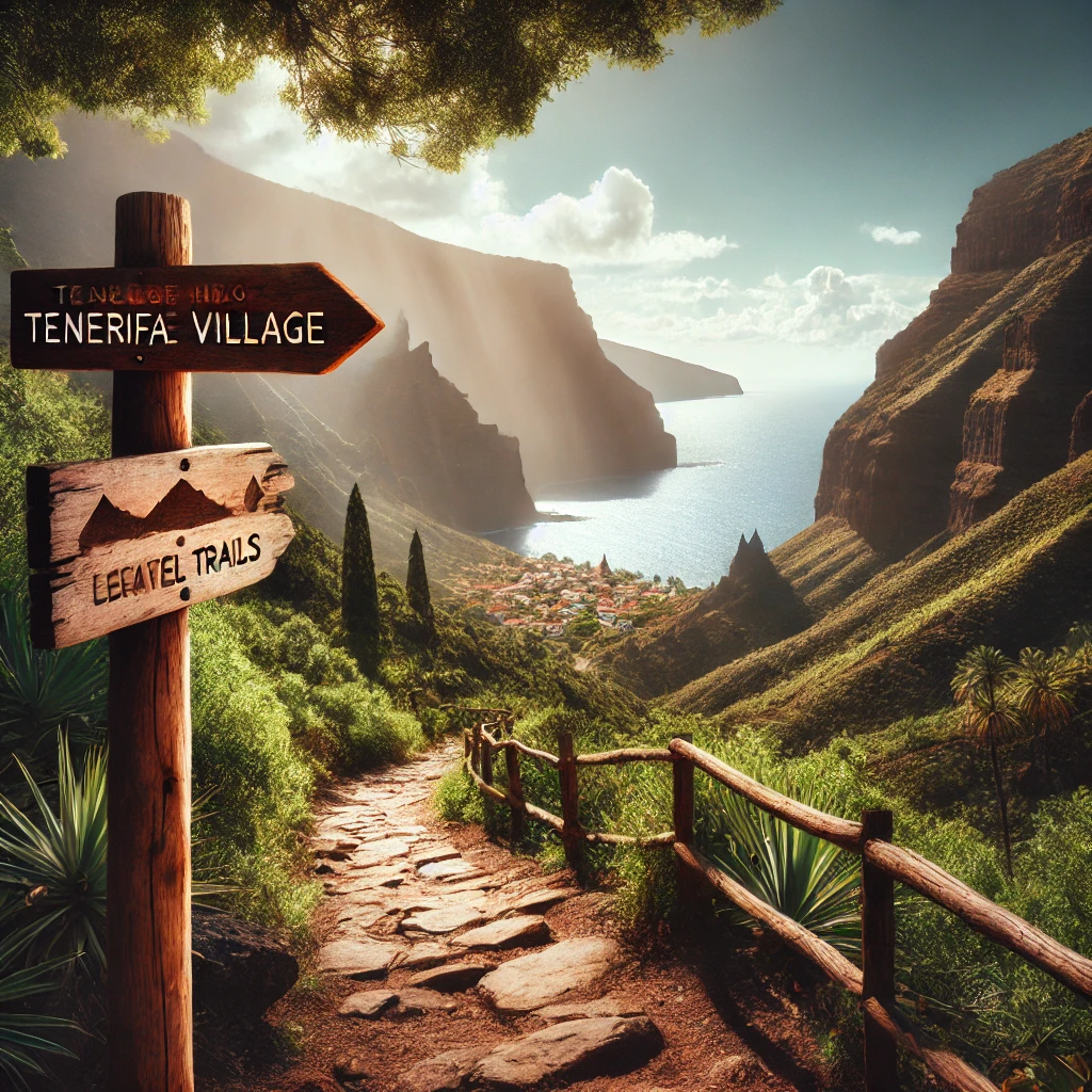 A serene mountain path leading to the picturesque Masca village in Tenerife, surrounded by dramatic cliffs, lush greenery, and a distant view of the shimmering ocean. A rustic wooden signpost points toward local trails, emphasizing tranquility and exploration