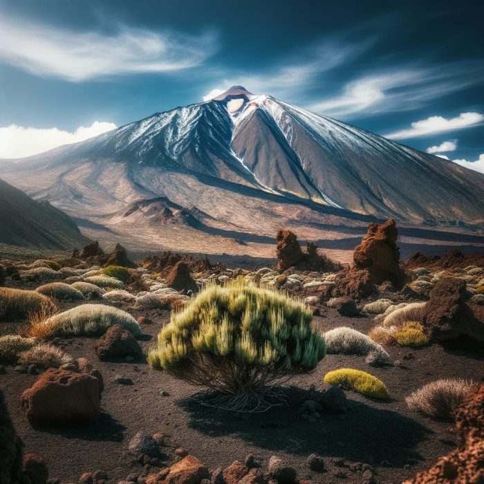 A breathtaking landscape below Mount Teide, showcasing volcanic terrain and vivid colors, slightly edited to highlight its beauty.