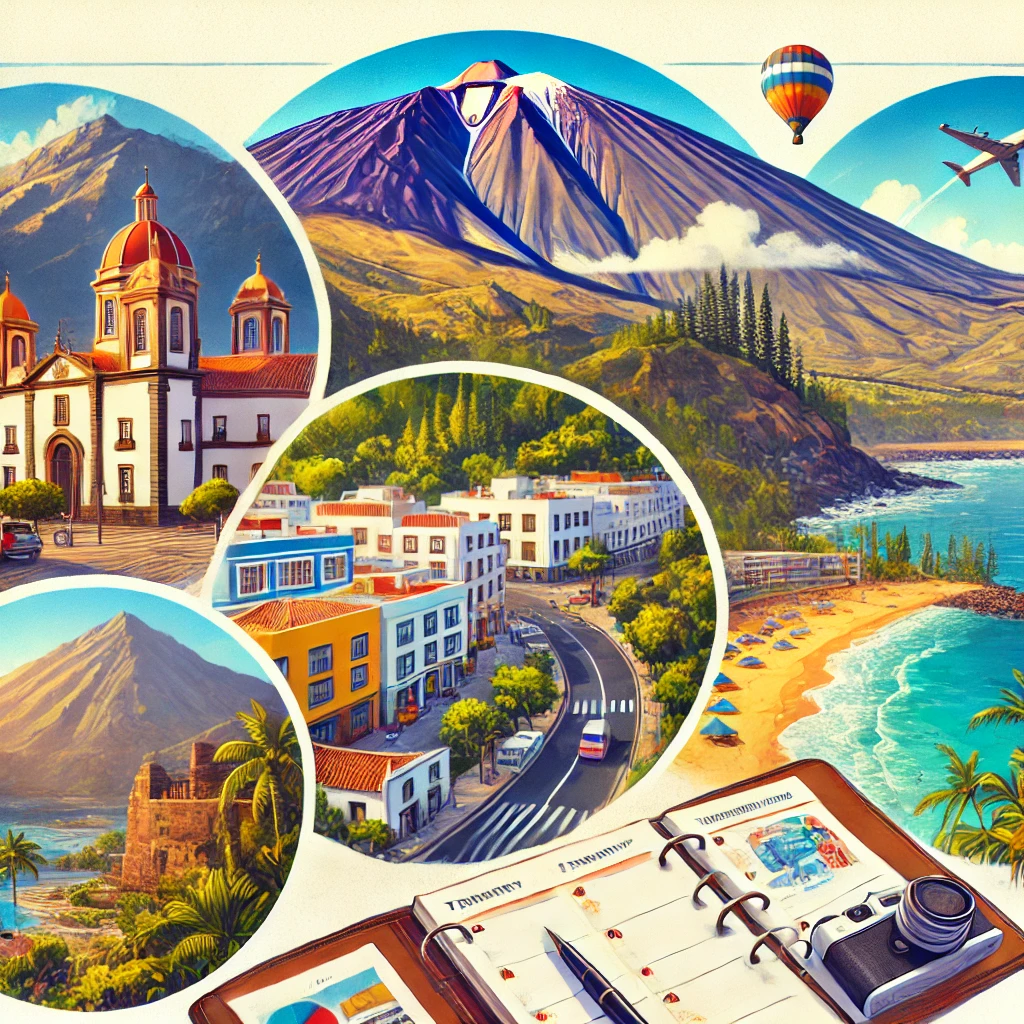 A scenic illustration of Tenerife's iconic destinations, including Mount Teide, Masca village, Santa Cruz streets, and Los Cristianos beach, with elements like a travel planner and a camera symbolizing travel preparation