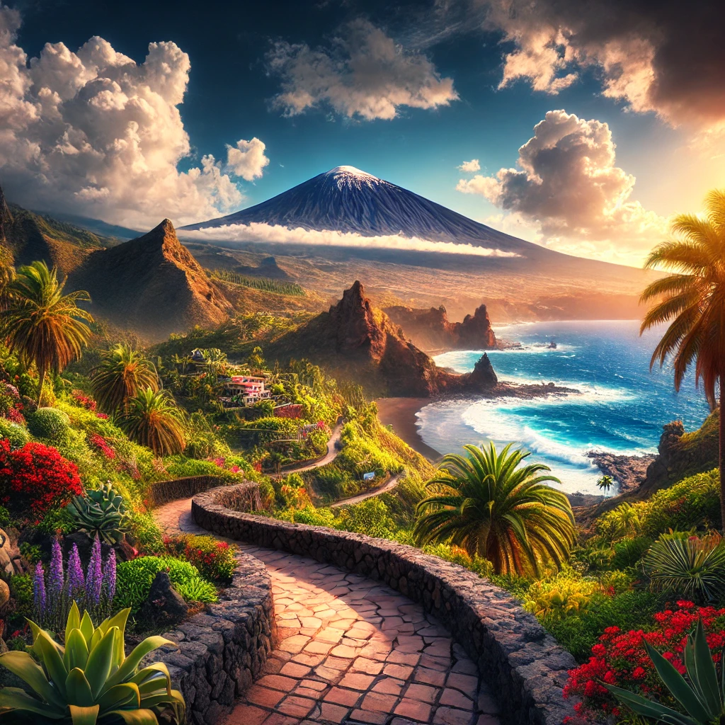 Panoramic view of Tenerife with Mount Teide, lush greenery, and ocean cliffs
