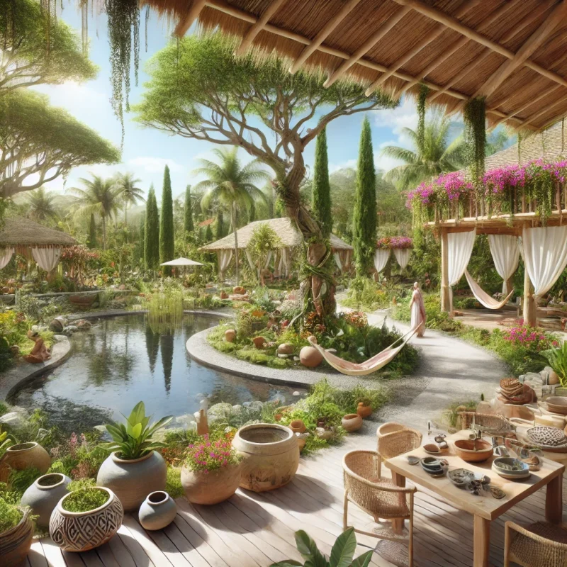 A concept garden of longevity on Tenerife, featuring lush greenery, vibrant flowers, eco-friendly pavilions, a peaceful pond, and workshops under wooden pergolas surrounded by palm trees