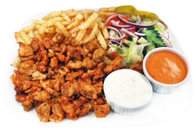 KYLLING KEBAB /219,-  Med pommes frites og salat (M)