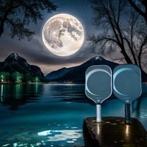 Lunar X pickleball paddles positioned by a night lake under a large full moon, emphasizing control and precision in a serene and strategic setting.