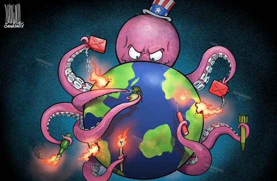 Communist China portrays the USA as a brutal octopus that sets fires all over the world!