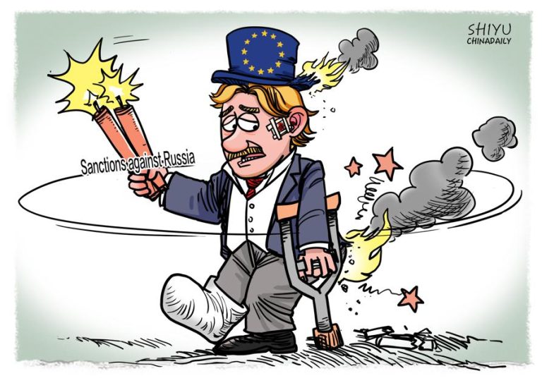 And once again China is outing itself as an enthusiastic supporter of Russia’s destruction of Ukrainians by mocking the EU for its sanctions against Russia in this cartoon Weakened EU!