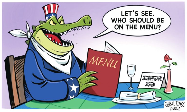 And again China portrays the USA as a sneaky, brutal creature, this time as a snarling crocodile  and gives this cartoon the name “ Preying on the world“!