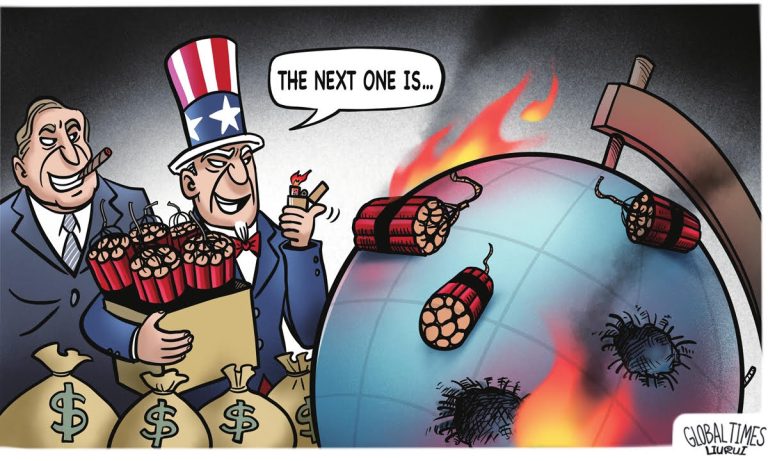 China claims that ugly, vile America is setting fires with dynamite all over the world. China itself probably does not know which events it is referring to. The main reason for China was probably that a hateful cartoon about the US is published every day!