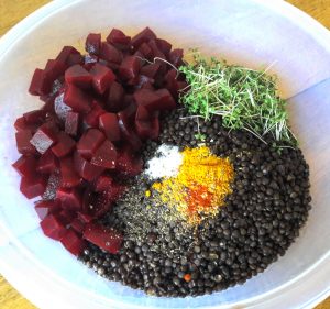Farbenfroh: Zutaten für schwarzen Linsensalat mit roter Beete und Kresse