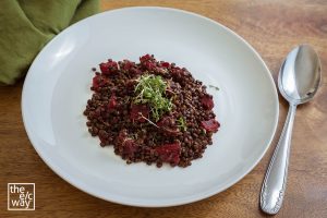 Schwarzer Linsensalat mit rote Beete und Kresse - schmeckt als Vorspeise oder Beilage