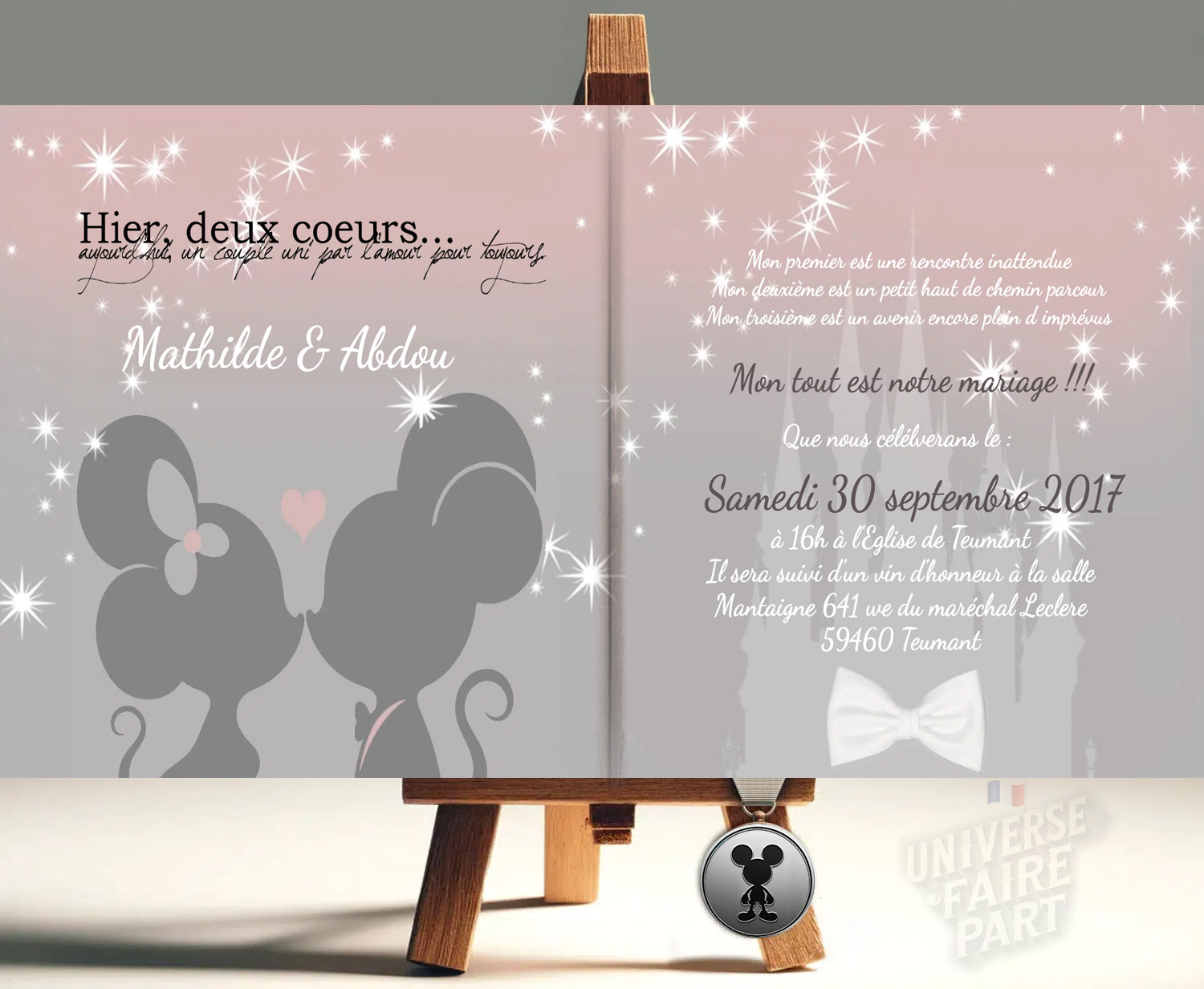 Faire-Part Rose Pâle et Gris Mickey et Minnie : Une Invitation Douce et Magique pour Votre Événement