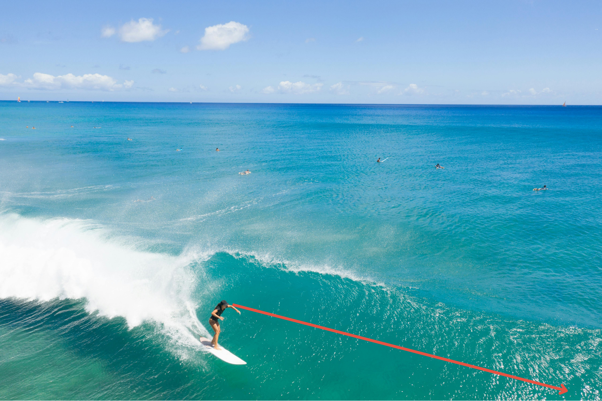 Visualize a line extending down the face of the wave that represents your desired trajectory, aiming to ride above it