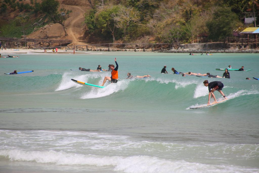 Beginners surfing in Lombok