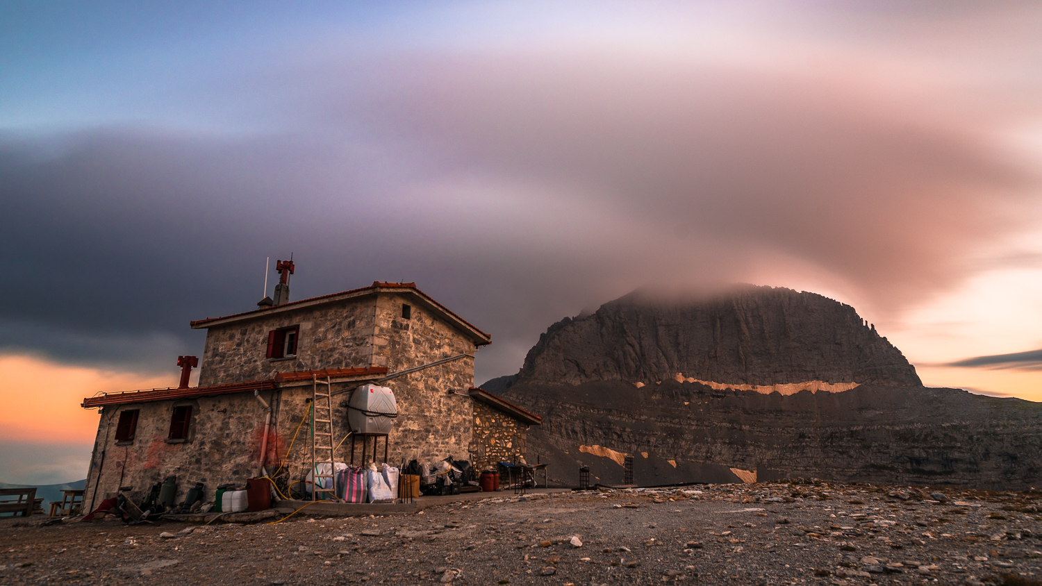 Refuge Christos Kakkalos and Mount Olympus after sunset