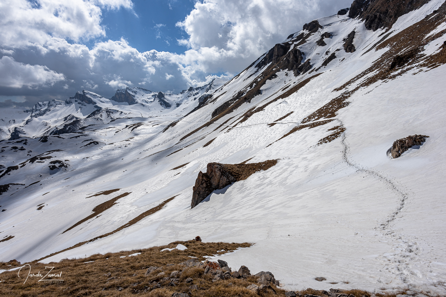 Hiking path in snow on the way to Golem Korab