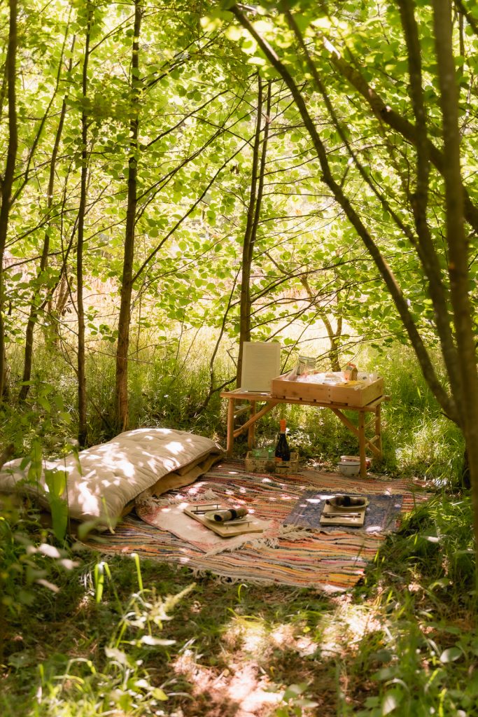picnic blanket at the charcoal hut glamping