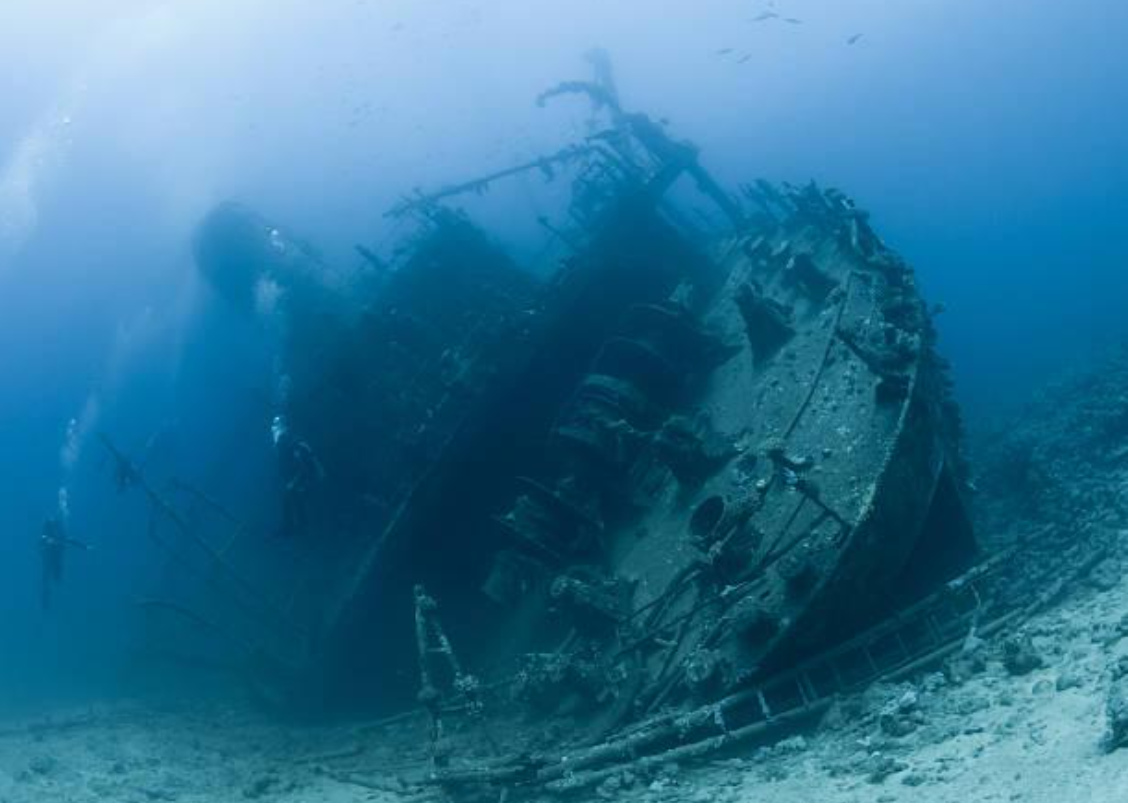 A shipwreck underwater.