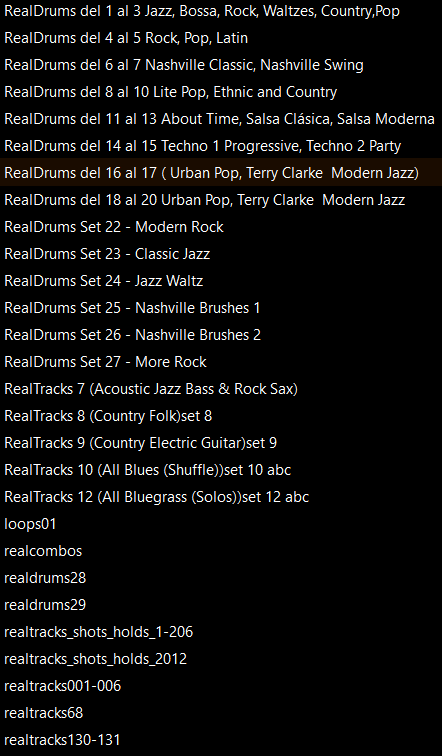 list of RealTracks I use in the backing tracks