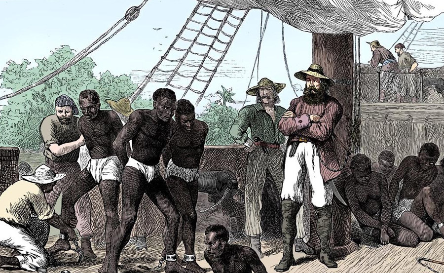 Captive onboard a slave ship on the west coast of Africa circa 1880