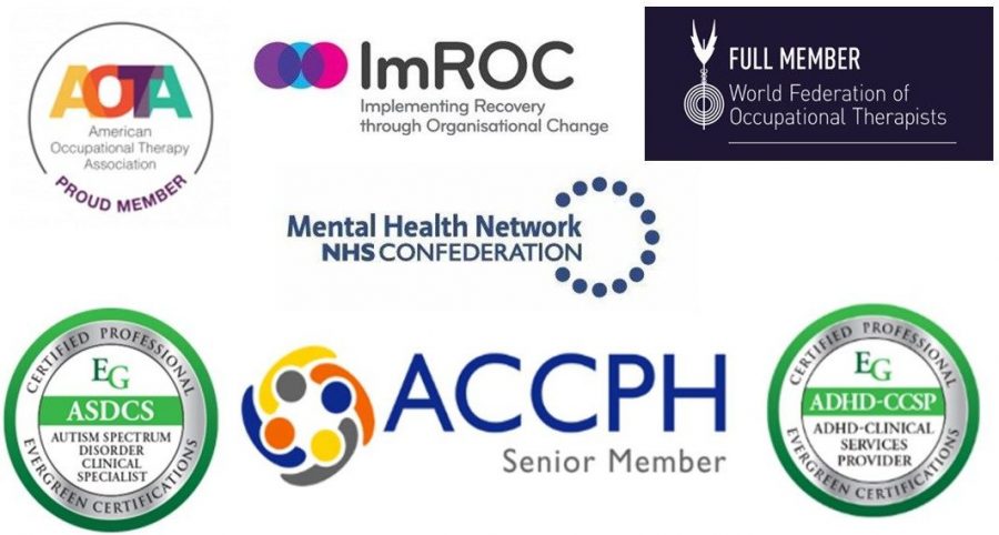 AOTA logo, ImROC logo, WFOT Logo, Mental health network logo, ASDCS logo, ACCPH logo and ADHD-CCSP logo