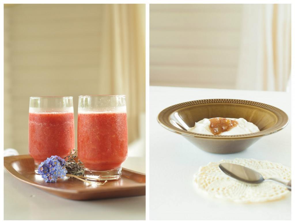 Breakfast table with juice and rhubarb compote