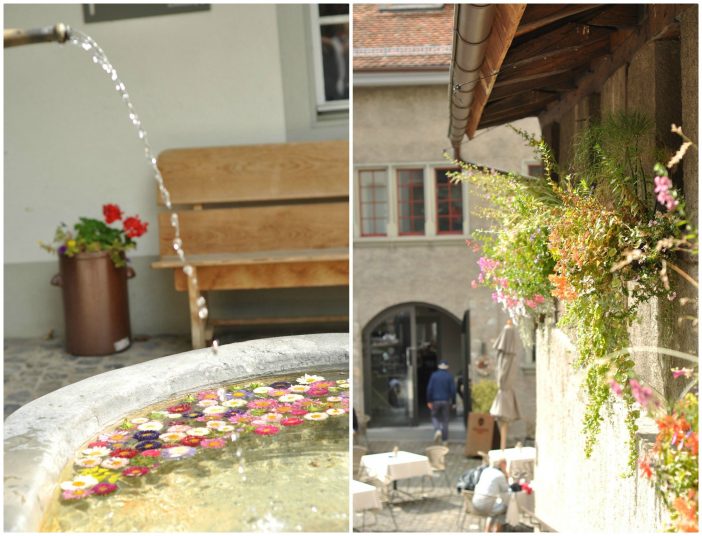 Blomster i en brønd og på væggen i Thun