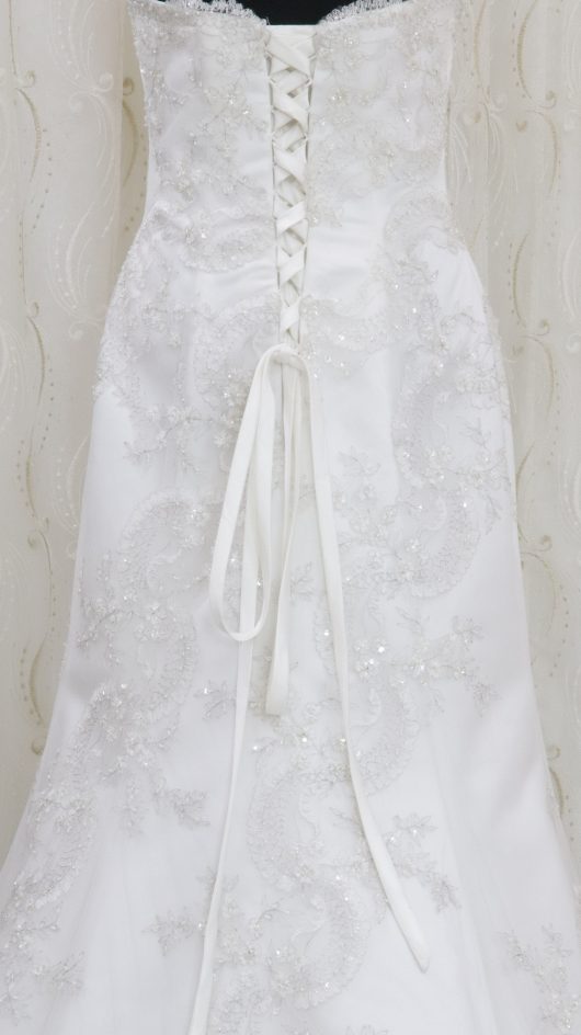 A-line satin wediding dress with mesh overlay with embroidery Solano - wedding dress croydon - bridal shop south london