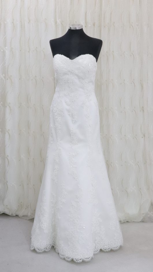 A-line satin wediding dress with mesh overlay with embroidery and button back Solano - wedding dress croydon - bridal shop south london