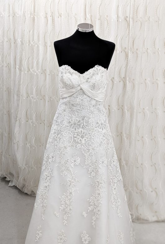 Chic A line wedding dress, satin body with lace trim - beads and embroidery - wedding dress shop croydon - wedding dress store london