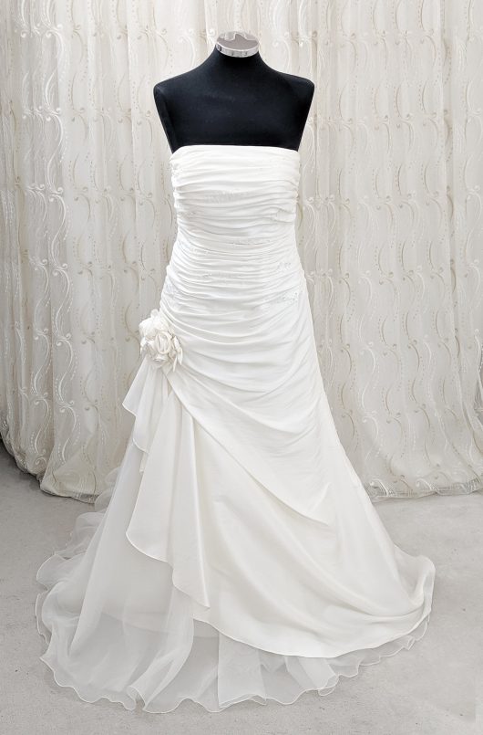 A -line wedding dress with ruching and fabric corsage detail - croydon bridal shop -- designer sample sale