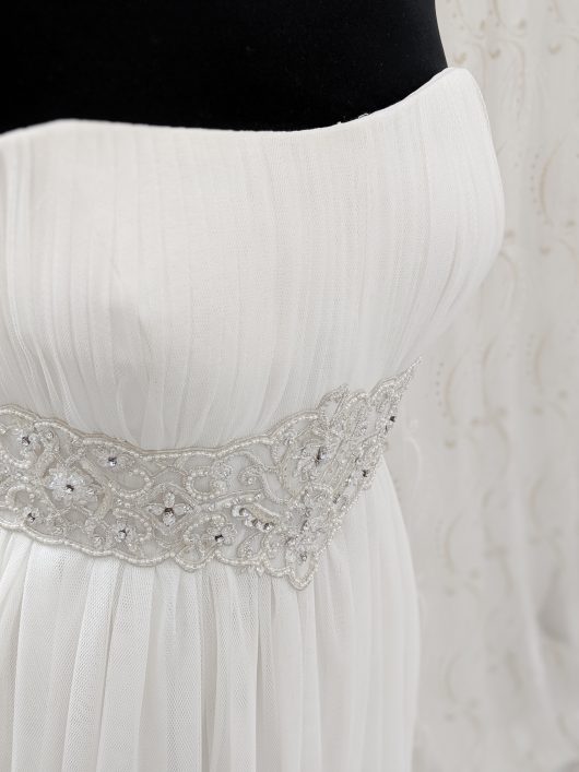 EMpire wiats wedding dress with embellished beaded jewel waistband - pleated wedding dress - croydon bridal shop