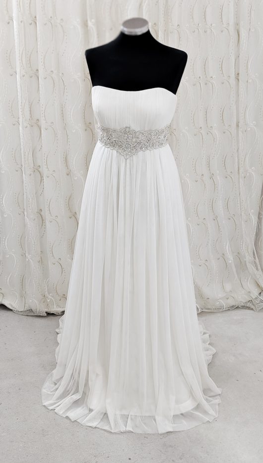 EMpire wiats wedding dress with embellished beaded jewel waistband - pleated wedding dress - croydon bridal shop