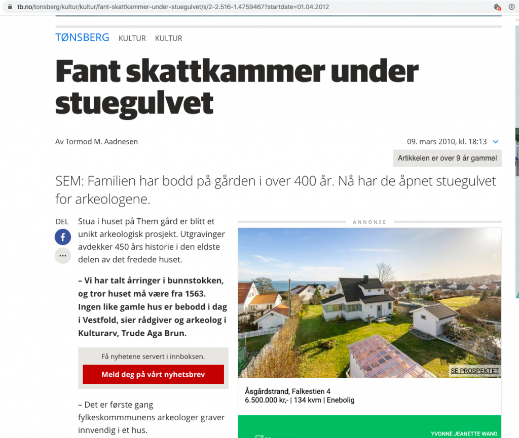 Skjermbilde av Tønsberg blad - tittel fant skattkammer under stuegulvet