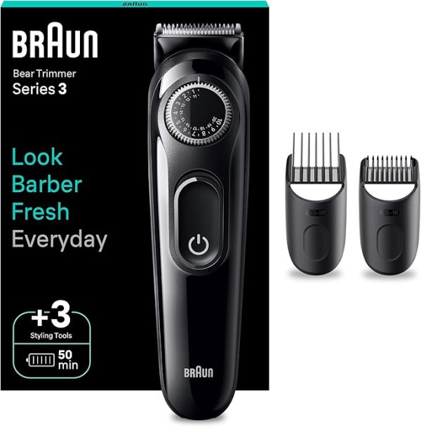 Braun Beard Trimmer Series 3 3410, Electric Beard Trimmer for Men, Incl. Ultra-Sharp Blade, 40 Length Settings, Styling Tools, Rechargeable 50-min Cordless Runtime & Washable